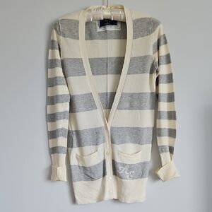 American Eagle Outfitters Women's Striped Cardigan Sweater - Gray and Cream
